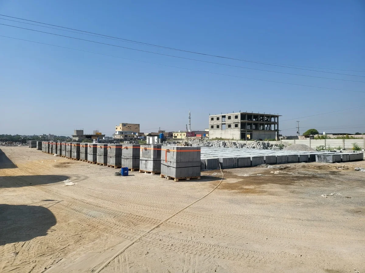 Historical CLC blocks stacked in a production yard